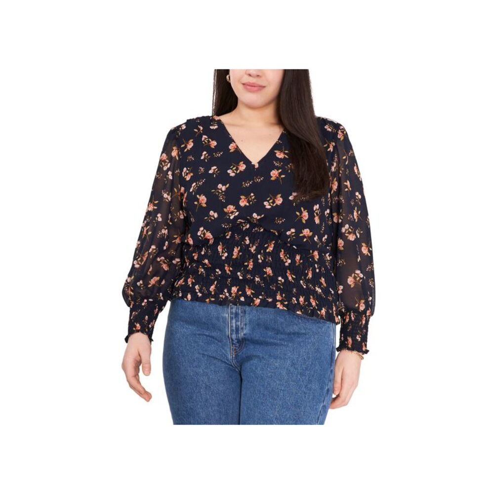 1.State Trendy Plus Size Printed Smocked Waist Top
